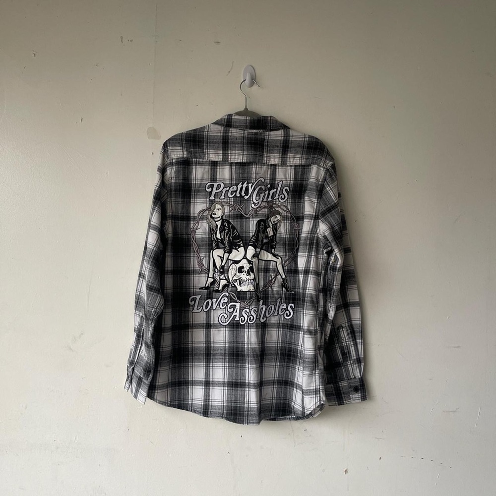 A**holes Live Forever Gray Long Sleeve Plaid Flannel Button Up Shirt Size L